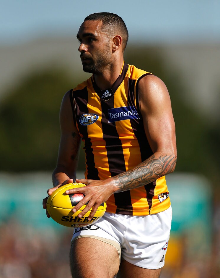 AFL 2016 NAB Challenge - Richmond v Hawthorn BEACONSFIELD, AUSTRALIA - FEBRUARY 27: Shaun Burgoyne of the Hawks in action during the 2016 NAB Challenge match between Richmond Tigers and the Hawthorn Hawks at Holm Park Recreation Reserve, Beaconsfield on February 27, 2016. (Photo by Michael Willson/AFL Media)